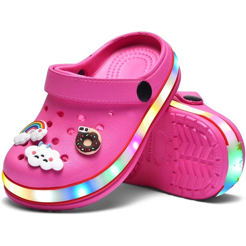 New Xpkws Toddler Girl Size 8 Pink LED Clogs Slip On Sandal Shoe w Bonus Charms