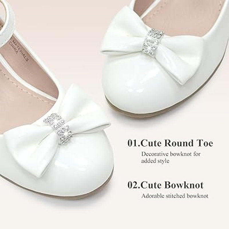 Girls Size 3 Flower Girl White Low Heel Rhinestone Bow Dress Wedding Shoes
