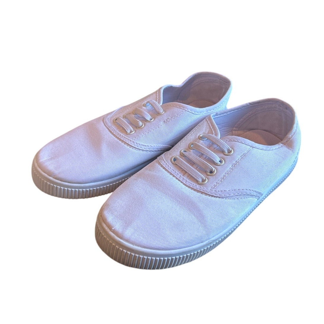 Girls Size 3.5 White Canvas Sneakers Lace Up Slip On Closed Round Toe Shoes