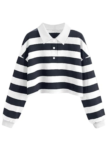 Natalie Winters Dress - Remidoo Women's Collared Half Button Long Sleeve Striped Crop Top Sweatshirt