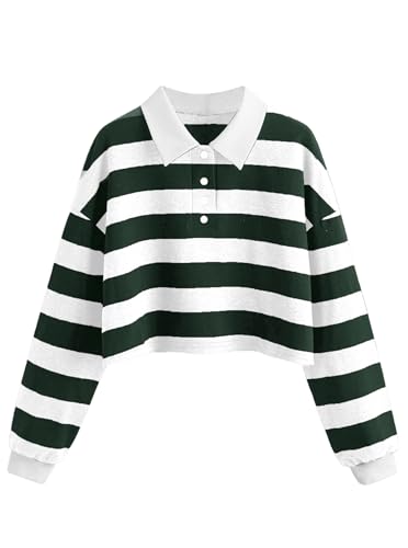 Natalie Winters Dress - Remidoo Women's Collared Half Button Long Sleeve Striped Crop Top Sweatshirt