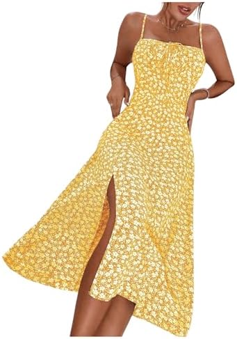 Sundresses - Floerns Women's Summer Split Thigh Spaghetti Strap Cami Midi Floral Dress
