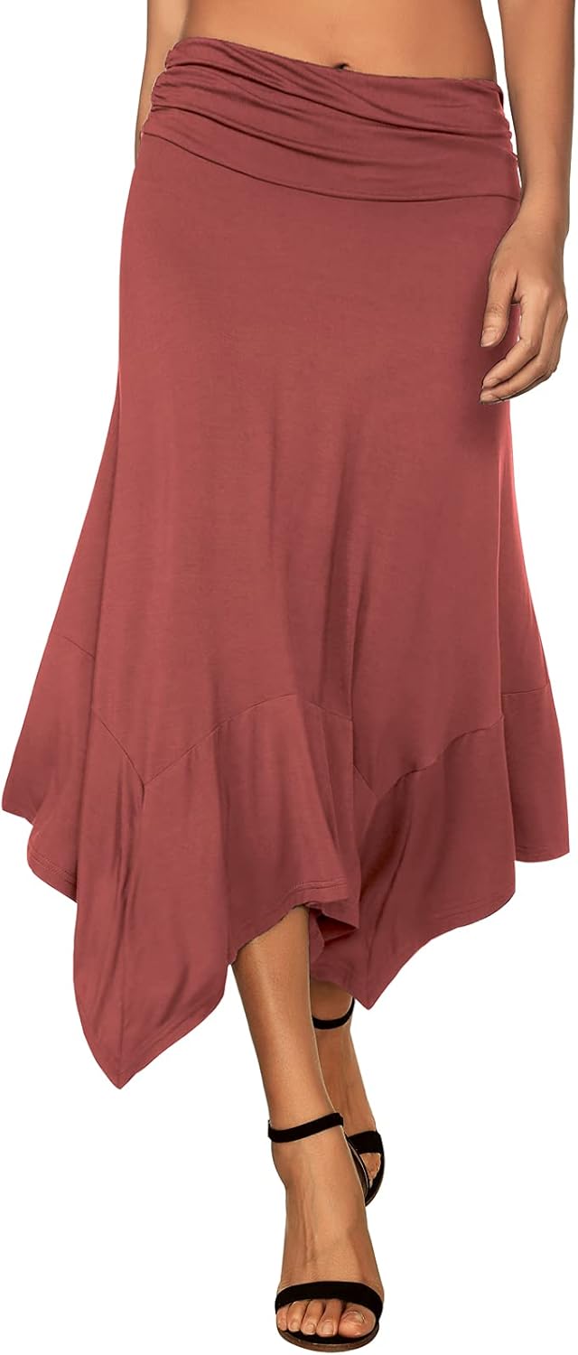 Women's Flowy Handkerchief Hemline Midi Skirt - Elastic Waist Asymmetrical Hem