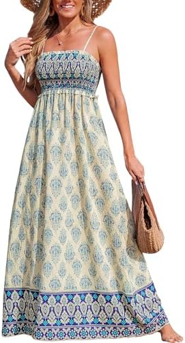 Sundresses - CUPSHE Women's Maxi Dress Ditsy Floral Smocked Summer Sundress Sleeveless Ruffled Spaghetti Straps Long Beach Formal Dress