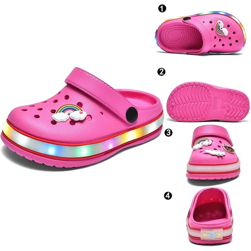 New Xpkws Toddler Girl Size 8 Pink LED Clogs Slip On Sandal Shoe w Bonus Charms