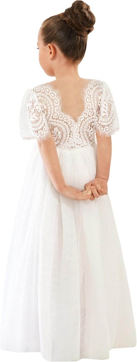 Girls Tulle Flower Girl Dress - Lace Back A-Line Party Dress