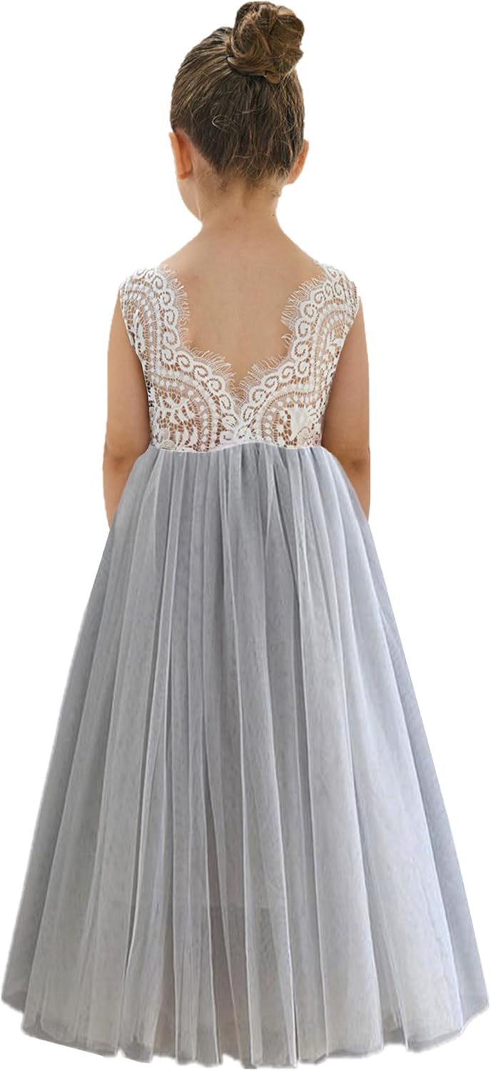 Girls Tulle Flower Girl Dress - Lace Back A-Line Party Dress