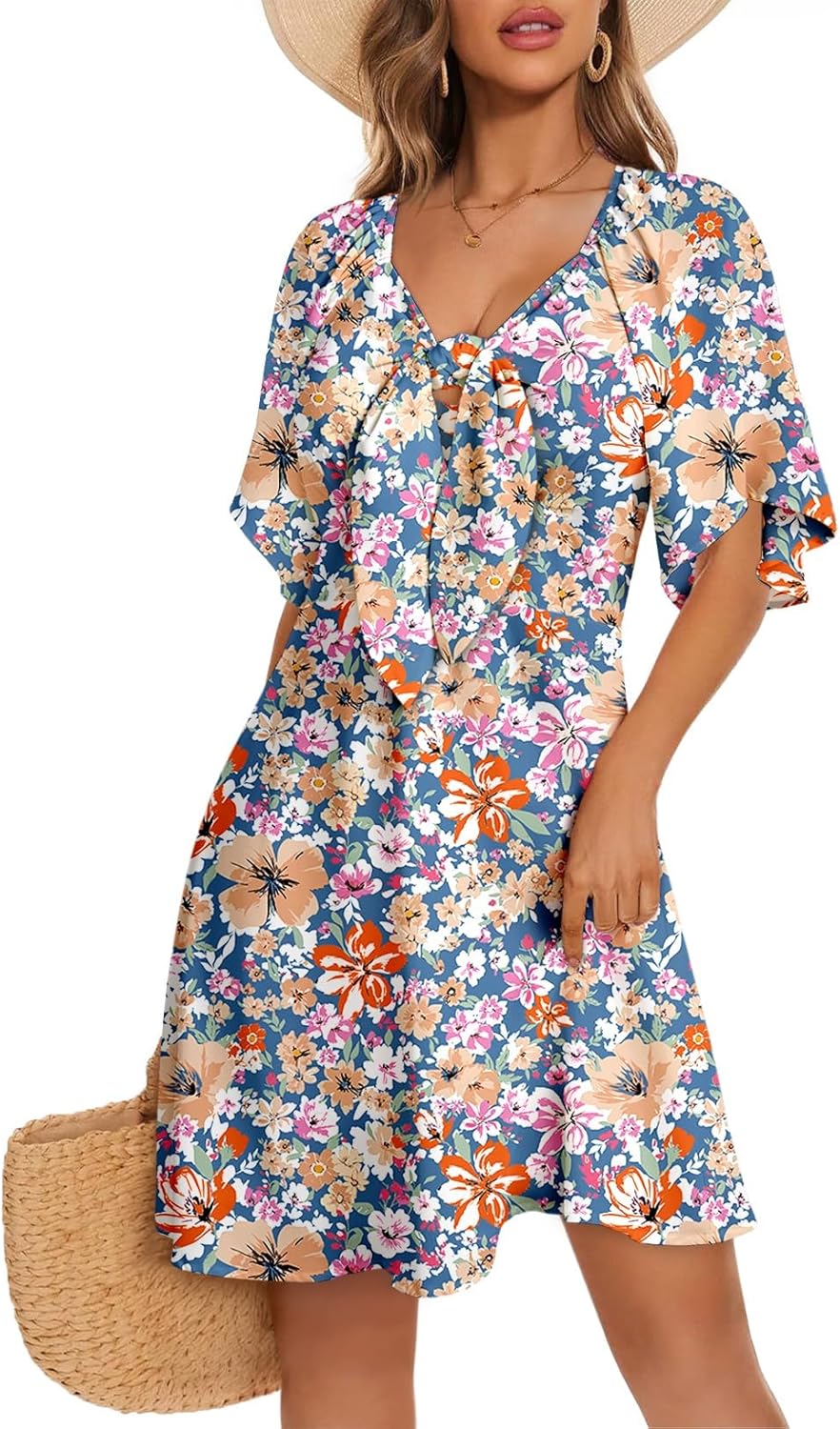 Women's Deep V-Neck Mini Dress with Bow Tie - Elegant Summer Fall Outfit