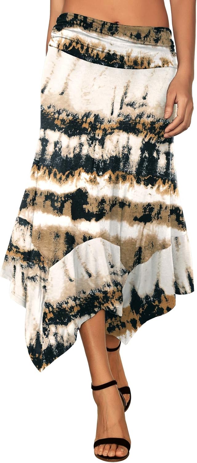 Women's Flowy Handkerchief Hemline Midi Skirt - Elastic Waist Asymmetrical Hem