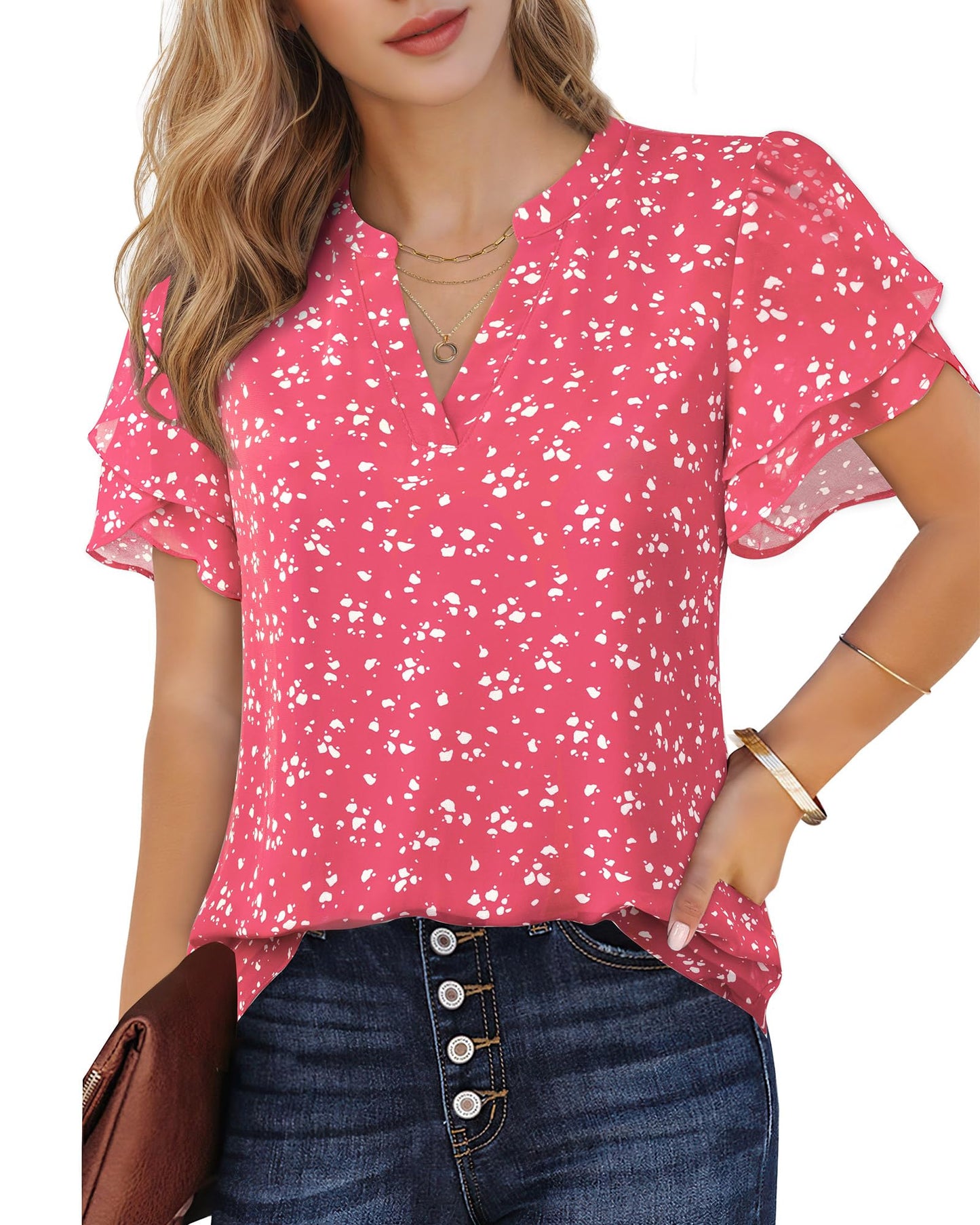 Polyester Blouses - Women's Chiffon Blouse V-Neck Puff Sleeve Summer Top for Work and Casual Wear