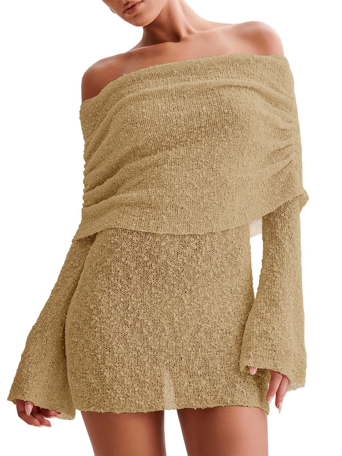 Women's Off Shoulder Beach Cover Up - Sheer Bell Sleeve Mini Dress for Swimwear