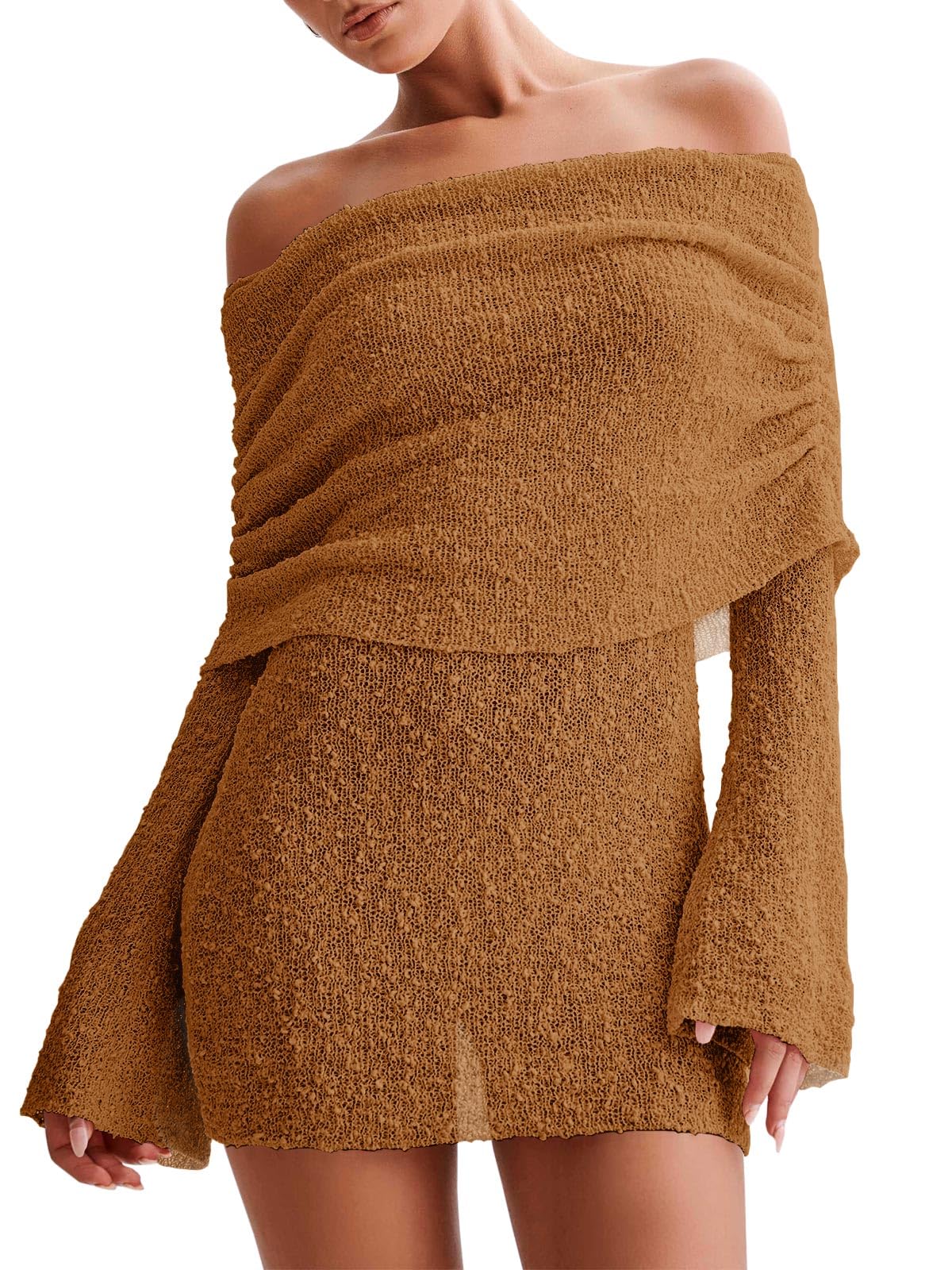 Women's Off Shoulder Beach Cover Up - Sheer Bell Sleeve Mini Dress for Swimwear