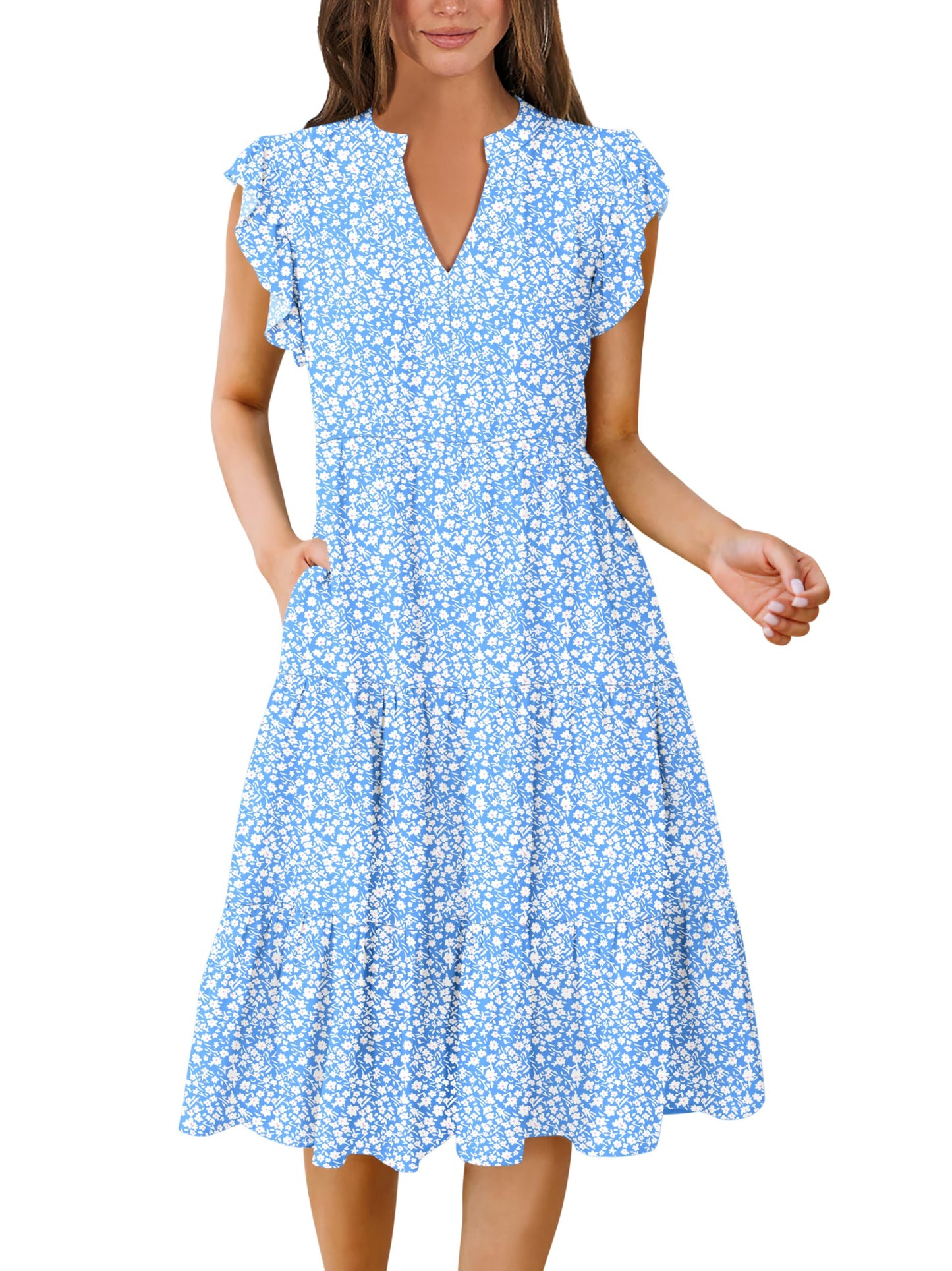 Blue Casual Dresses - Women's Summer Midi Dress - Ruffle Sleeve V-Neck Boho Beach Dress