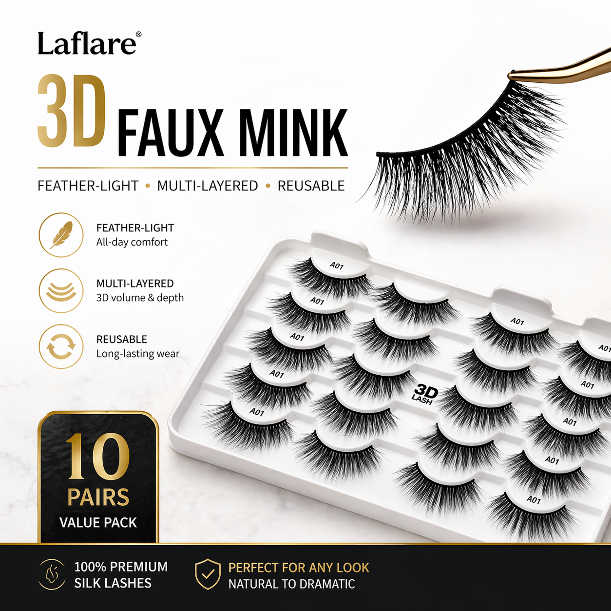 3D Faux mink - Premium Silk Lashes (10 Pairs)