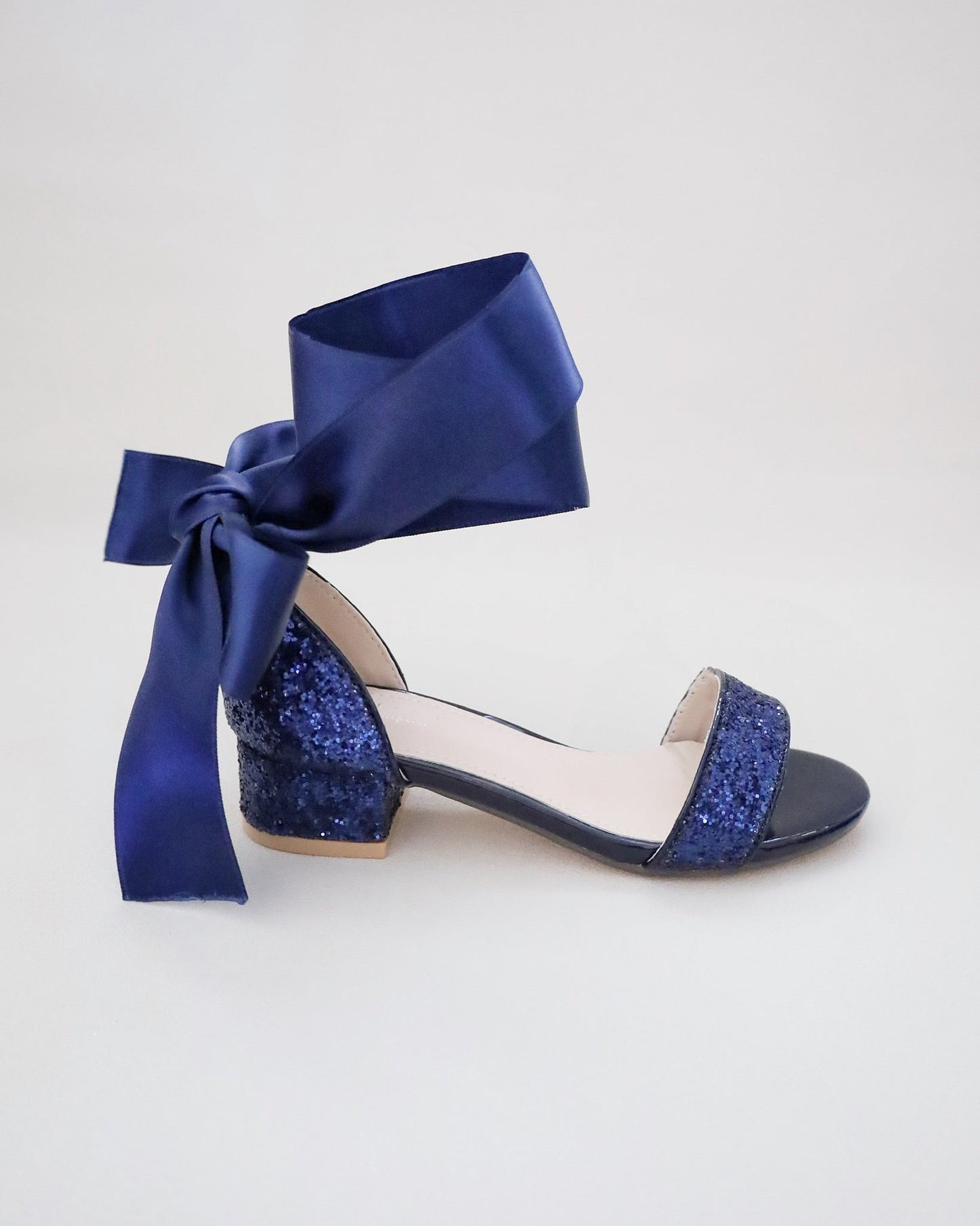 Rock Glitter Low Block Heel Girls Sandals with Wrapped Satin Tie