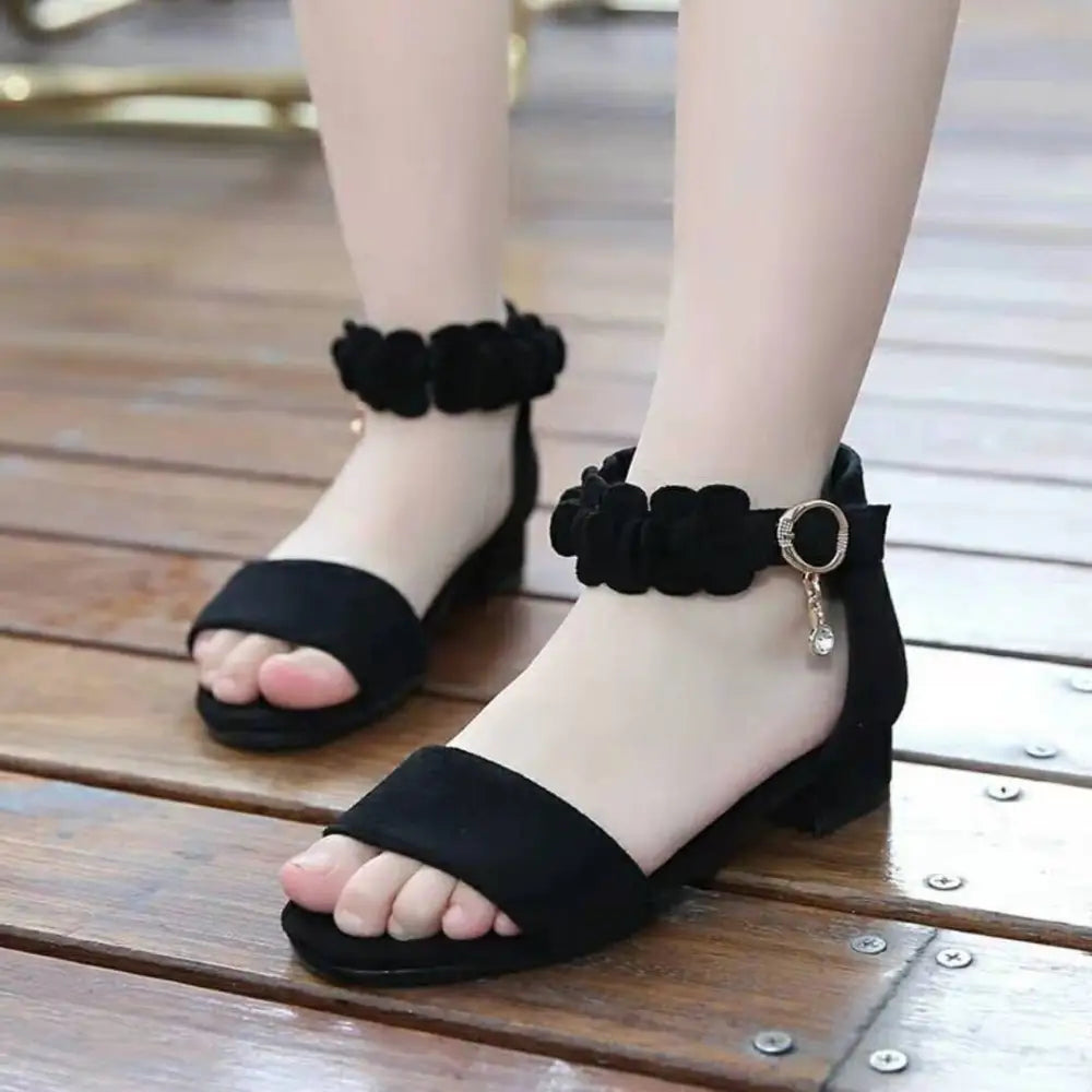 Black Suede Floral Girls Sandals Beach Princess