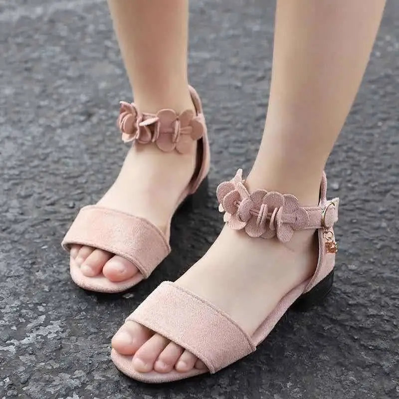 Black Suede Floral Girls Sandals Beach Princess