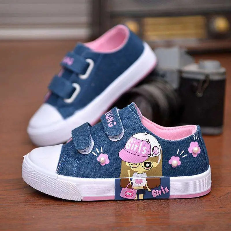 Blue Denim Girls Canvas Shoes with Cartoon Design