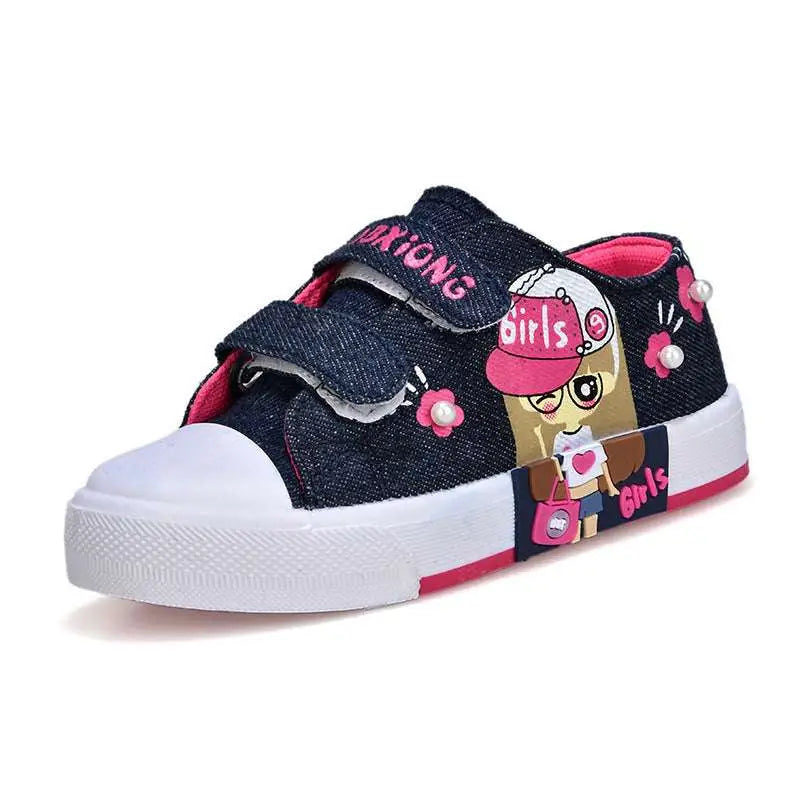 Blue Denim Girls Canvas Shoes with Cartoon Design