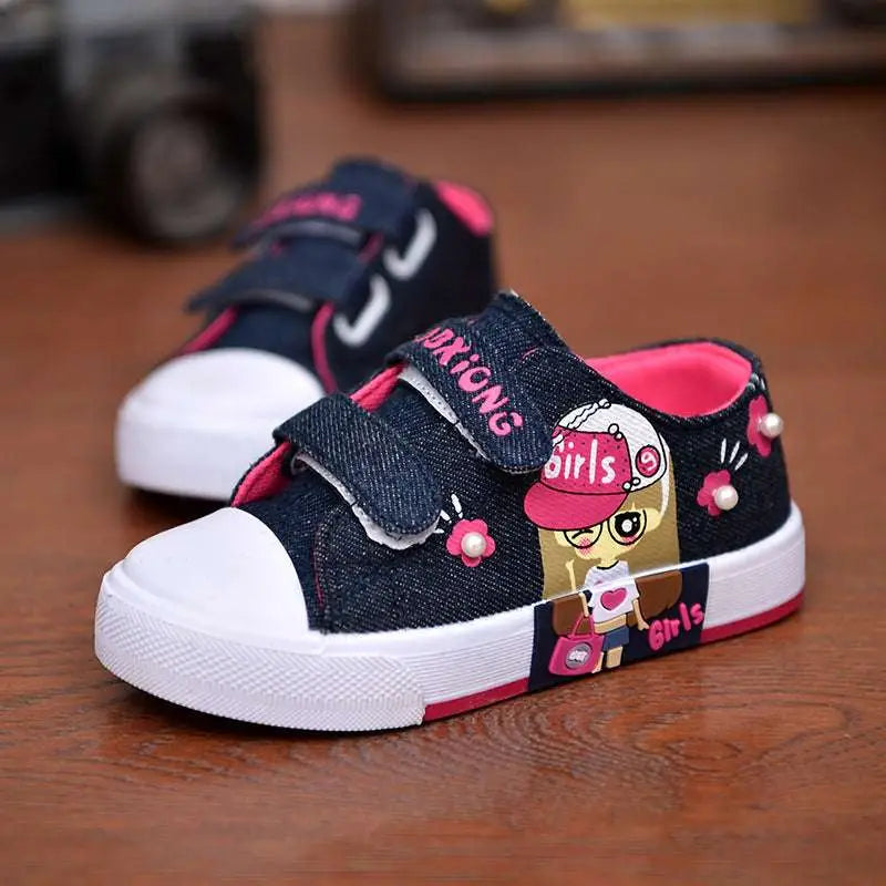 Blue Denim Girls Canvas Shoes with Cartoon Design