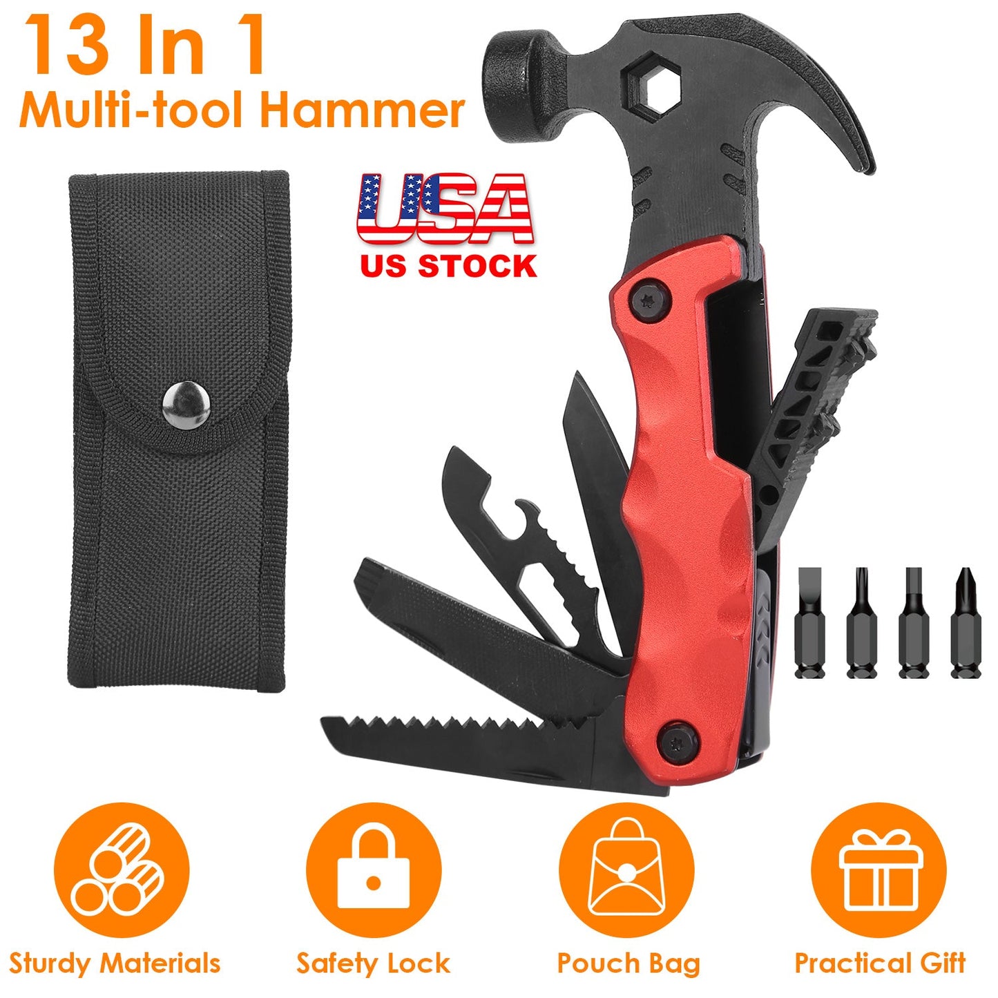 13 In 1 Multi-tool Hammer Outdoor Camping Survival Tools with Pouch Bag Safety Lock Nail Puller Knife Can Opener Saw Screw Depositor Screwdriver