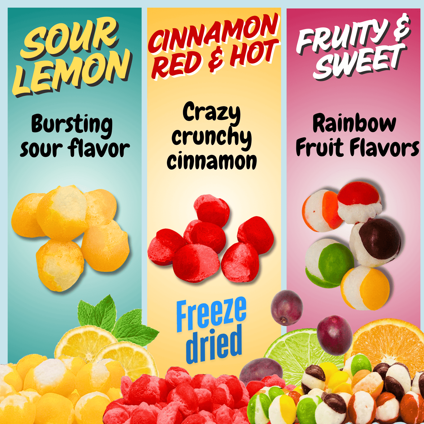 Freeze Dried Candy Trio Pack 3 Pack Lemon Ballz - Rainbow Krunchies - Cinnamon Hotties