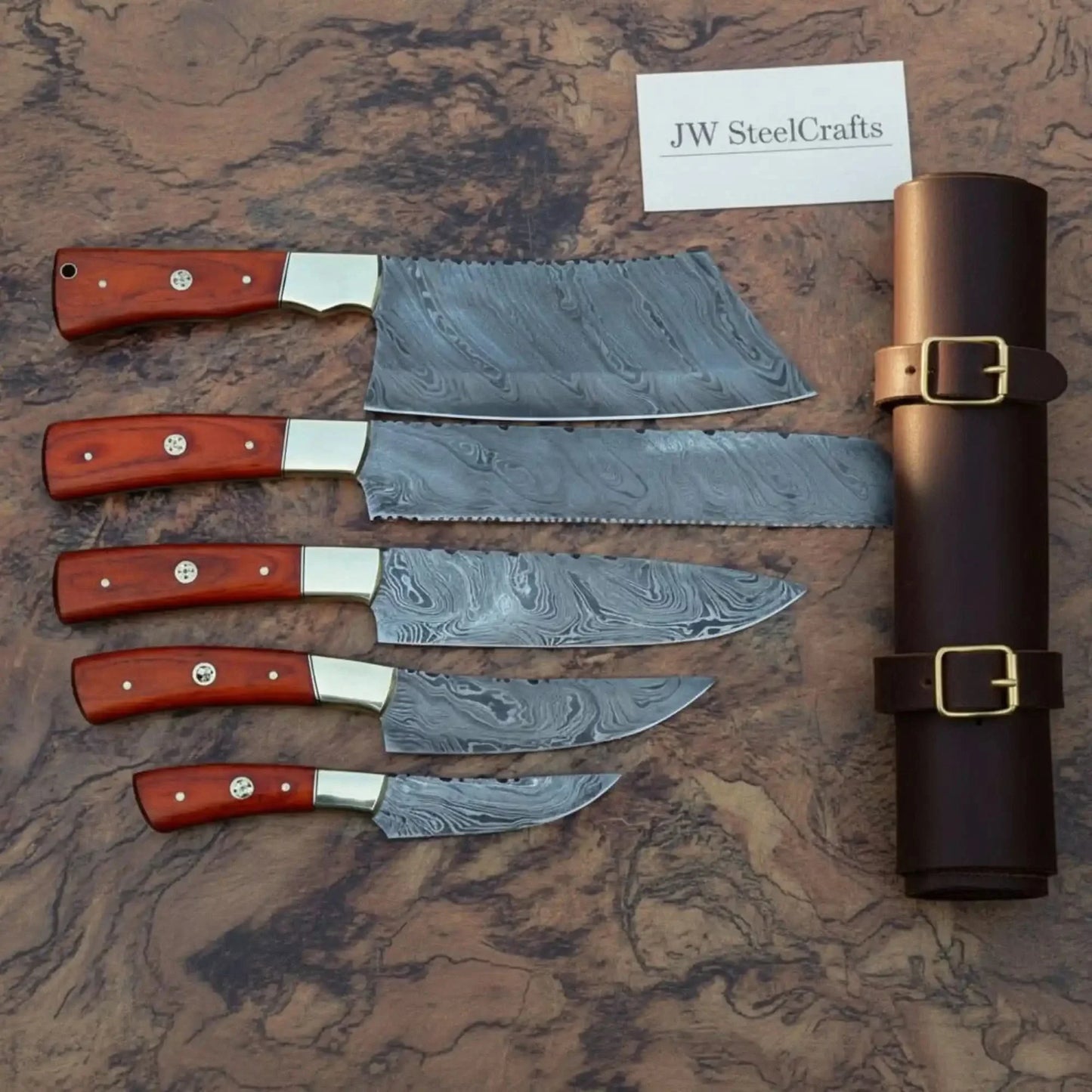 Handmade Damascus Steel Kitchen Knife Set with Leather Roll - 5 Pieces