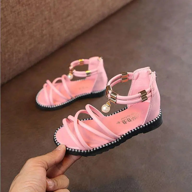 Western Style Pink Girls Sandals with Pearl Charm