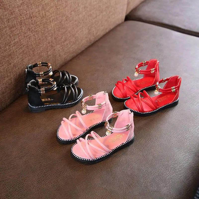 Western Style Pink Girls Sandals with Pearl Charm